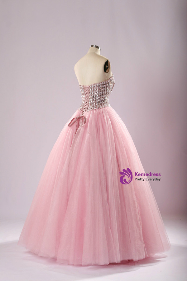 Pink A-Line Quinceañera Dress With Bejeweled Corset Crystal Sweetheart Prom Dresses