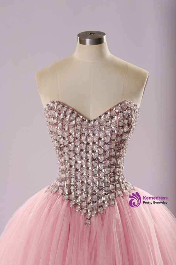 Pink A-Line Quinceañera Dress With Bejeweled Corset Crystal Sweetheart Prom Dresses