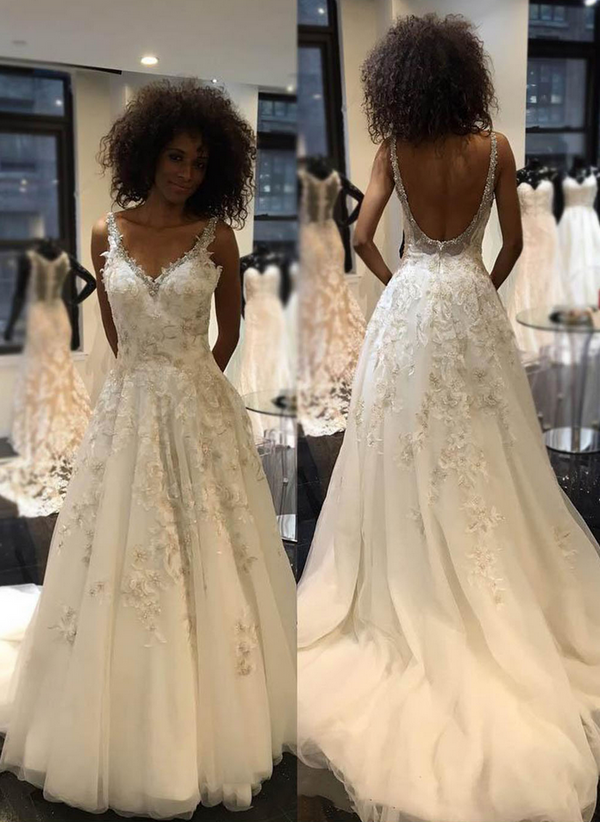 Sexy V Neck Floral Lace Appliqued A-line Lace Wedding Dresses