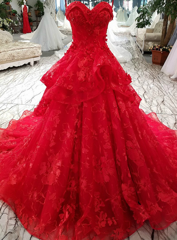 Princess Lace Flowers Luxury Generous Spaghetti Strap Red Wedding Dress