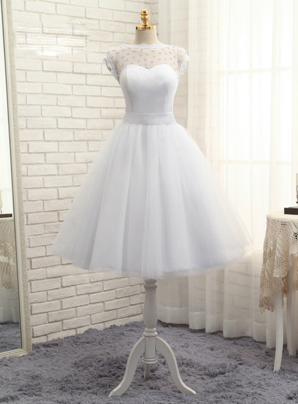 2017 Short Wedding Dresses A-line Tea Length Tulle Crystals Bow Backless