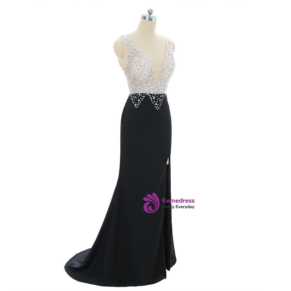 2017 Prom Dresses Mermaid V-neck Beaded Crystals Slit Sexy