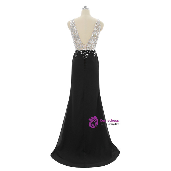 2017 Prom Dresses Mermaid V-neck Beaded Crystals Slit Sexy