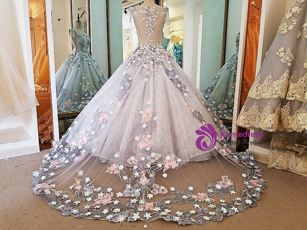 Real Photos Evening Dress Lace 3D Flowers Ball Gown Long Party Formal Dress