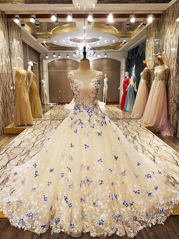 A Line Elegant Party Evening Dresses Long With Butterfly Lace Wedding Dress