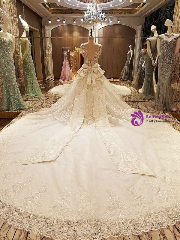 White Ball Gown Vap Beading Sleeves Corset Back Wedding Dress Long Train
