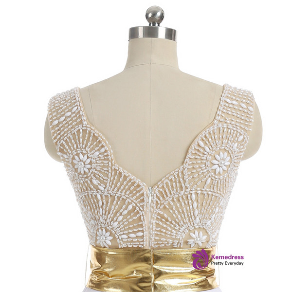 A-line V-neck Cap Sleeves Floor Length Chiffon Pearls Slit Prom Gown