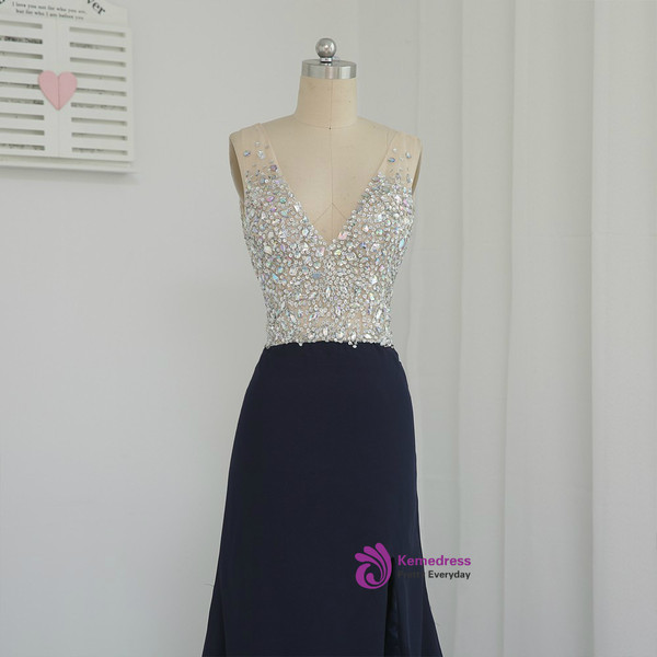 Popular 2017 Sheath Deep V-neck Beaded Crystals Slit Navy Blue Long Prom Dresses