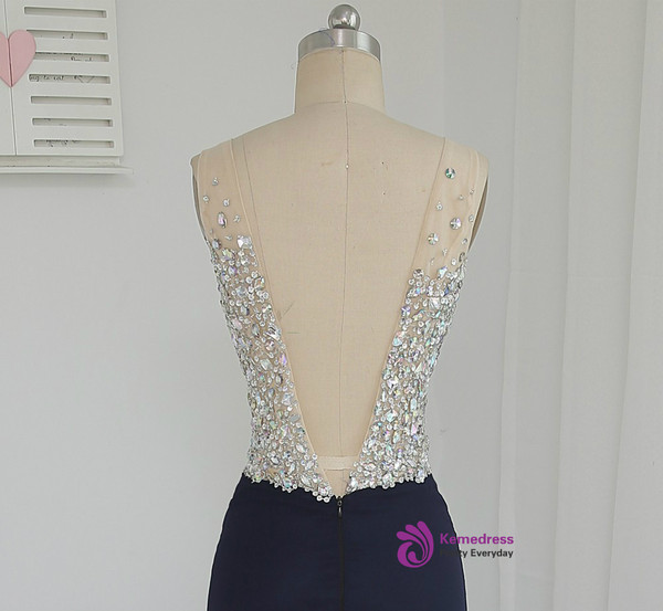 Popular 2017 Sheath Deep V-neck Beaded Crystals Slit Navy Blue Long Prom Dresses