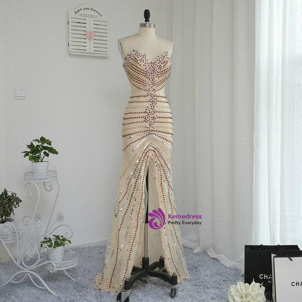 Luxurious 2017 Prom Dresses Mermaid Sweetheart Champagne Slit Beaded Crystals