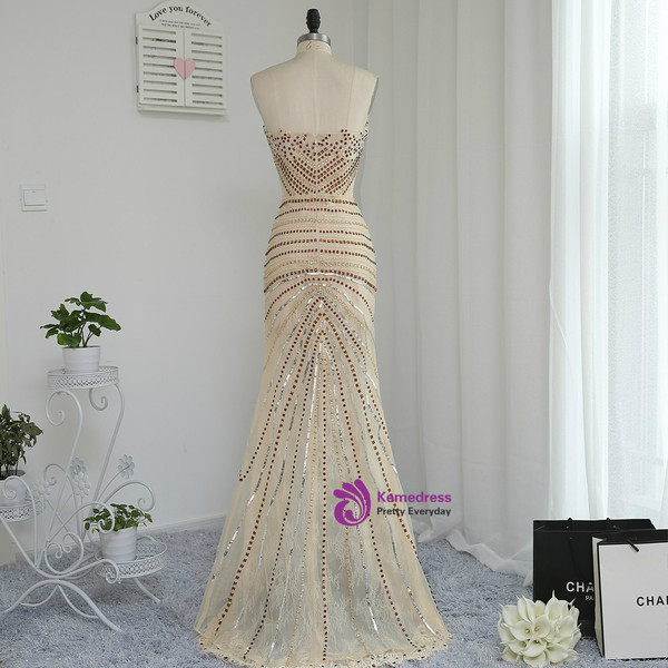 Luxurious 2017 Prom Dresses Mermaid Sweetheart Champagne Slit Beaded Crystals