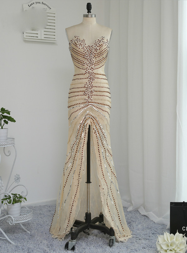 Luxurious 2017 Prom Dresses Mermaid Sweetheart Champagne Slit Beaded Crystals