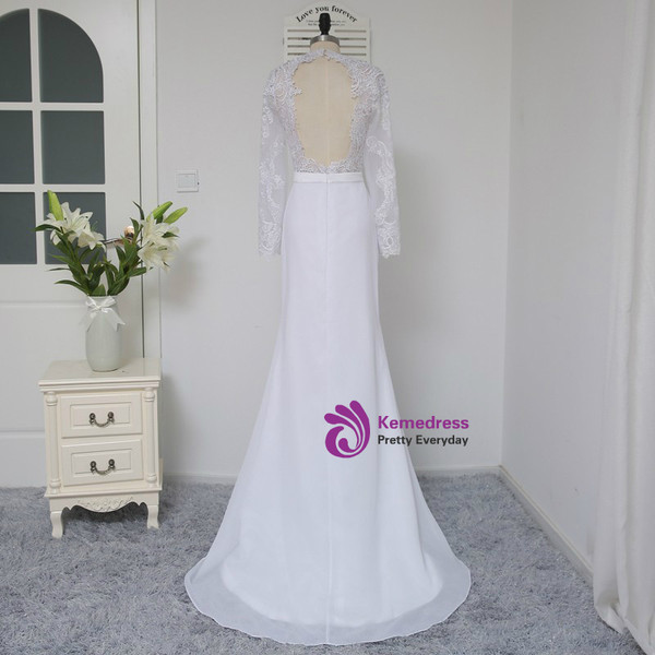 2017 White  Prom Dresses Mermaid Long Sleeves Open Back Long Lace Sash Sexy Prom Gown