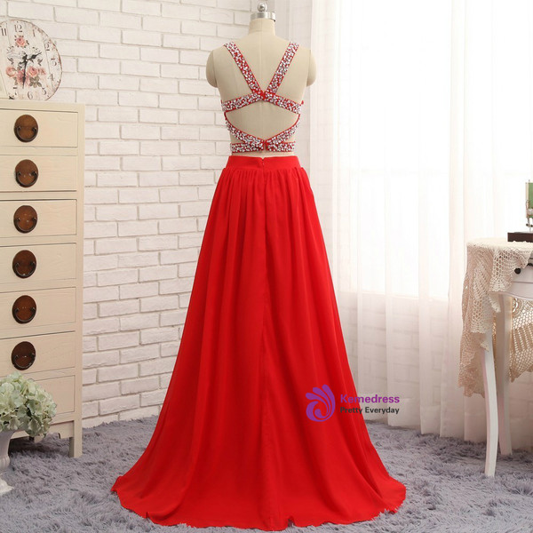 2017 Prom Dresses A-line V-neck Floor Length Chiffon Bead Two Pieces Prom Gown