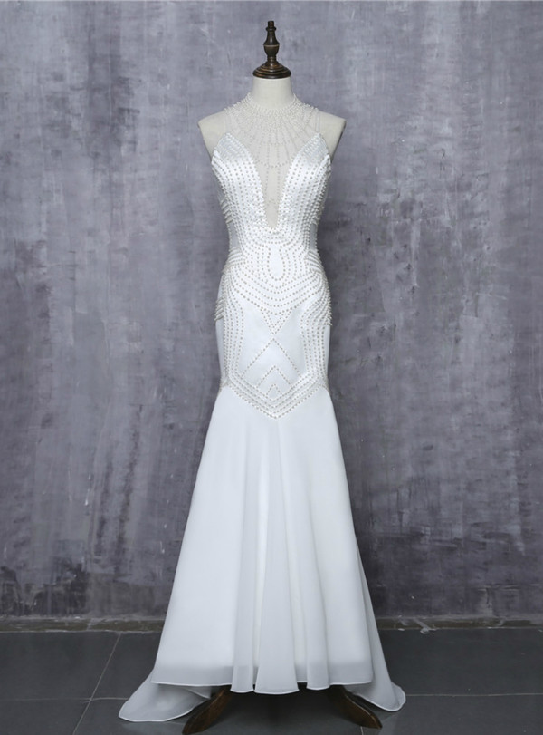 2017 Prom Dresses Mermaid Halter Chiffon Pearls See Through Women Long Evening Dresses