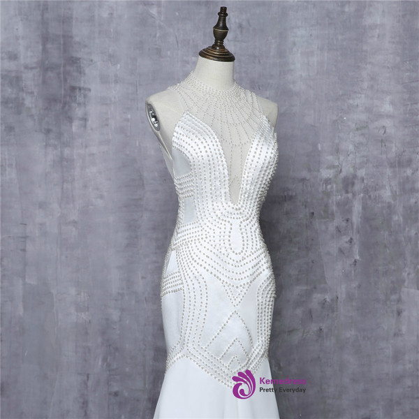 2017 Prom Dresses Mermaid Halter Chiffon Pearls See Through Women Long Evening Dresses