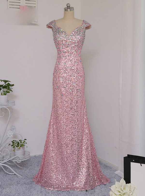 2017 Pink Prom Dresses Mermaid Cap Sleeves Crystal Sequins Long Backless Prom Gown