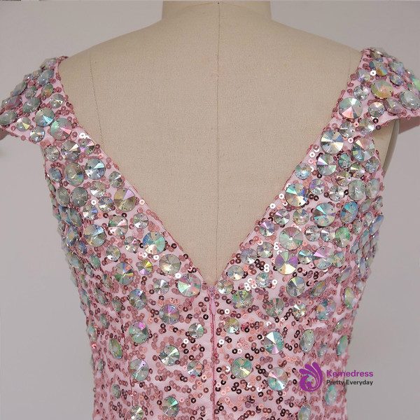 2017 Pink Prom Dresses Mermaid Cap Sleeves Crystal Sequins Long Backless Prom Gown