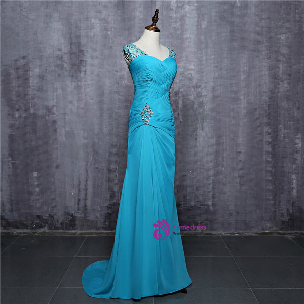 2017 Blue  Prom Dresses Mermaid V-neck Cap Sleeves Chiffon Beaded Crystals Women Long Evening