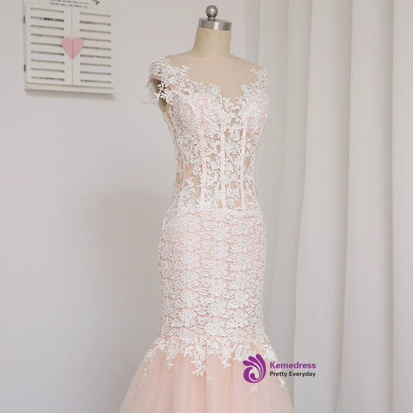 2017 Prom Dresses Mermaid See Through Tulle Appliques Lace Long Prom Gown