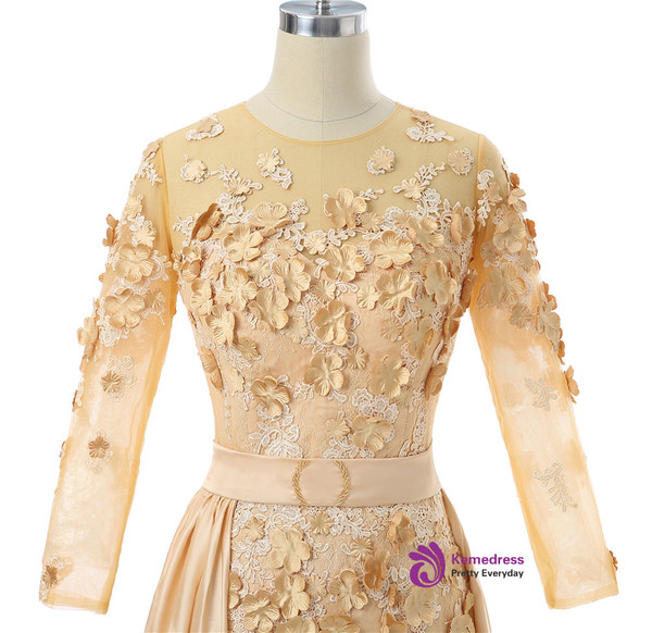 Adorable Champagne 2017 Muslim Evening Dresses Mermaid 3/4 Sleeves Flowers