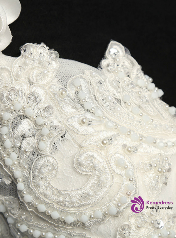 A-Line White Tulle Short Sleeve Sweetheart Appliques Wedding Dresses