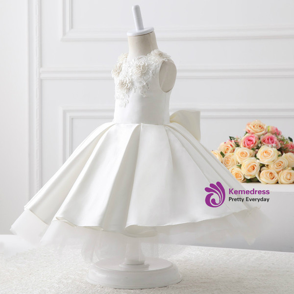 Evening White Satin With Bow Ball Gown Flower Girl Dresses 2017