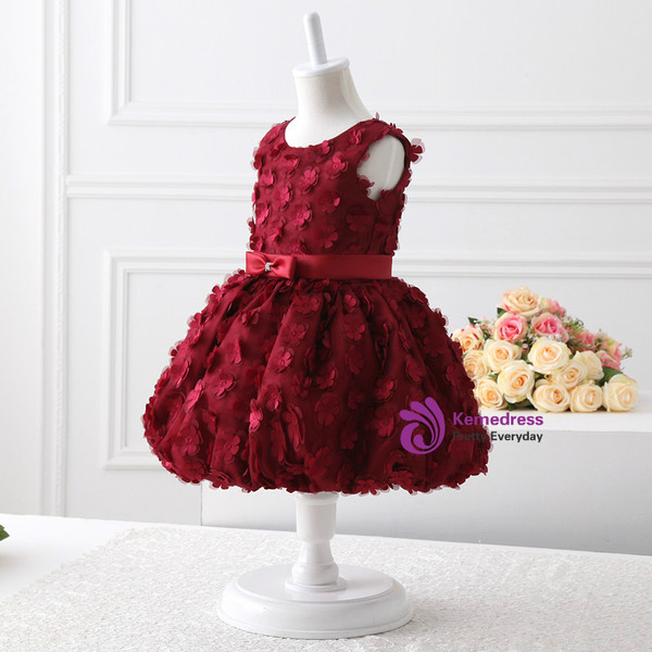 A-Line Burgundy Appliques Flower Girl Dress With Bow