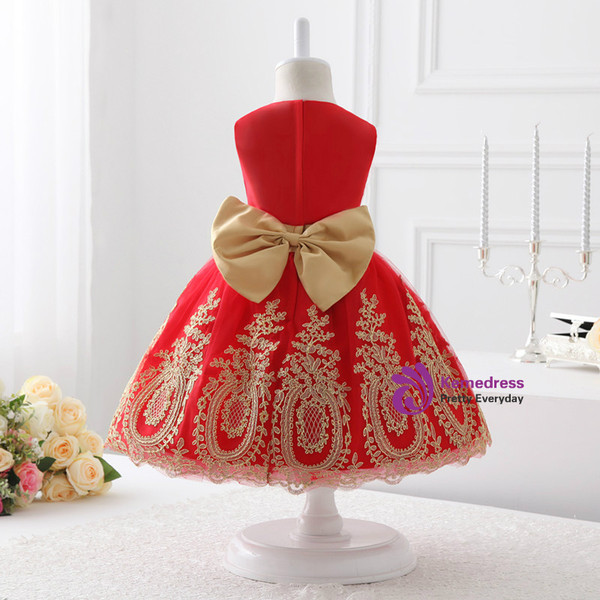 Red Tulle Red Lace Appliques Flower Girl Dress With Bow