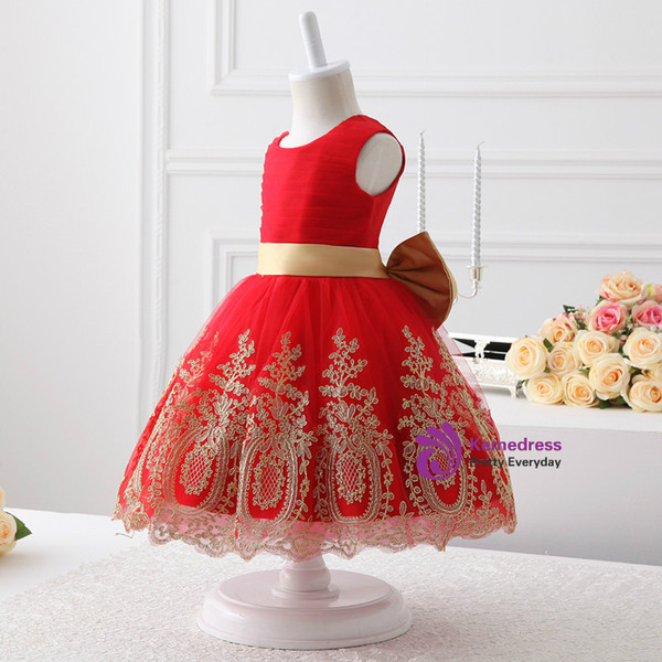 Red Tulle Red Lace Appliques Flower Girl Dress With Bow