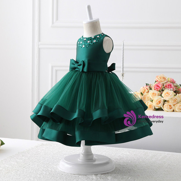 A-Line Green Tulle Short Flower Girl Dress With Beading