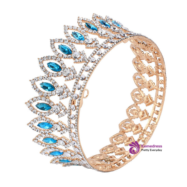 Wedding Bridal Rhinestone Full Crown Horse Eye Blue Crystal Hair Tiaras
