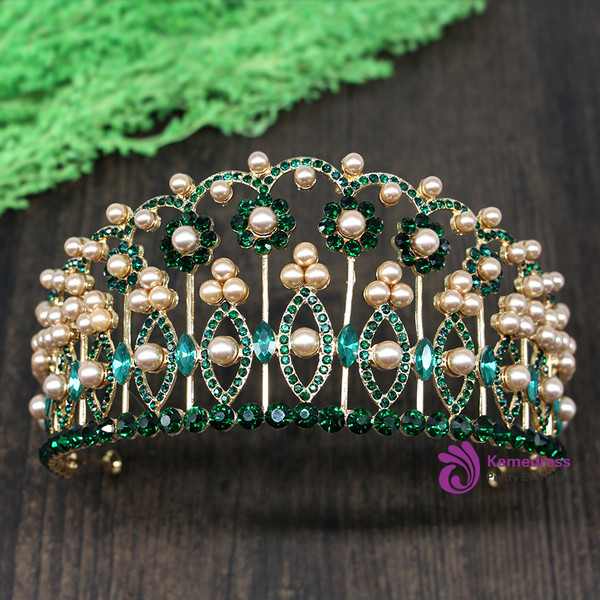 Green Rhinestone Pearl Queen Tiara Fashion Gold Big Diadem