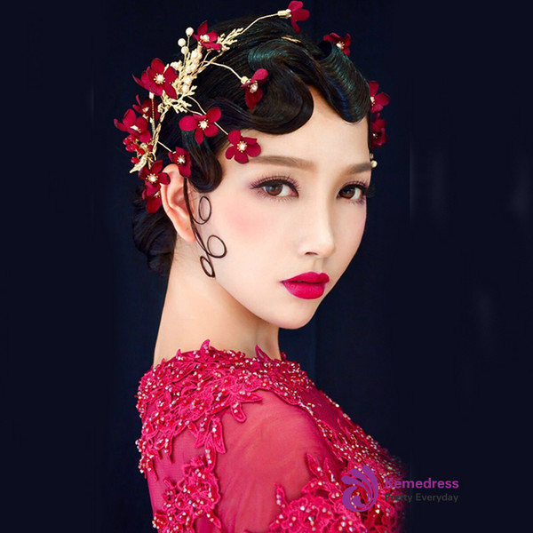 Handmade Bridal Wine Red Flower Headbands Simulated Pearls Hairband