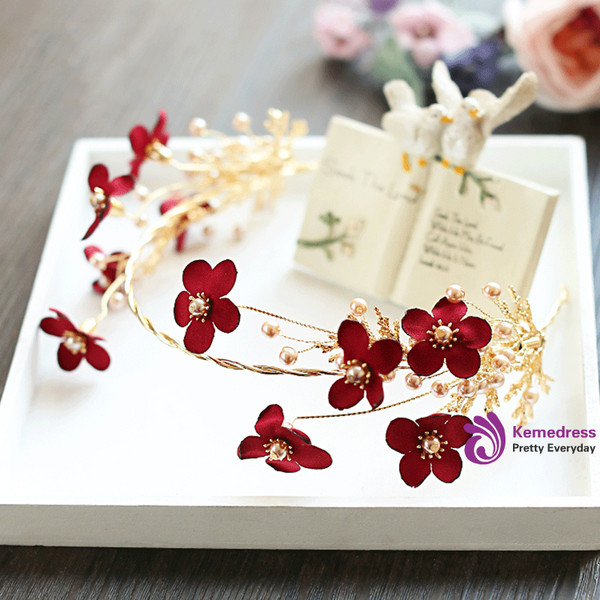 Handmade Bridal Wine Red Flower Headbands Simulated Pearls Hairband