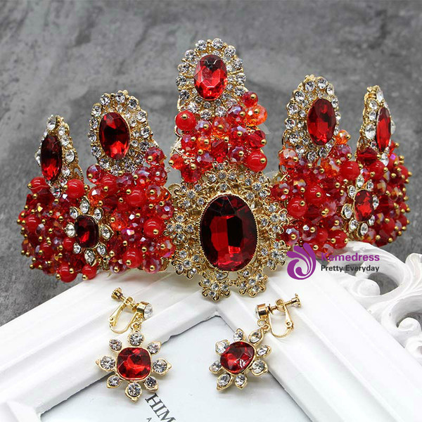 Large Tiaras Crown Red Rhinestones Crystal Silver Hair Headpiece