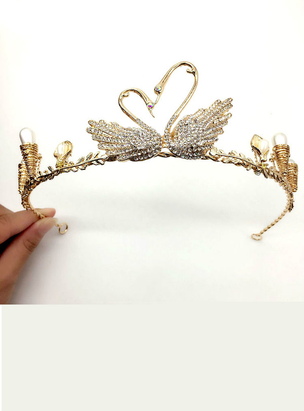 Gold Double Swan Pearl Wedding Tiaras Crowns Sweet Bridal Hair Accessories