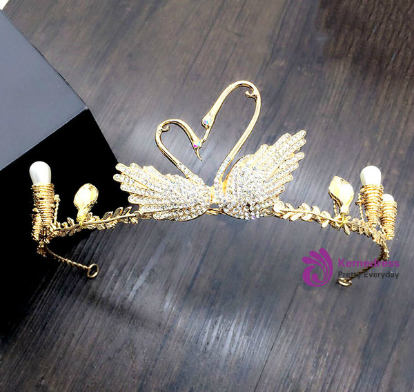 Gold Double Swan Pearl Wedding Tiaras Crowns Sweet Bridal Hair Accessories