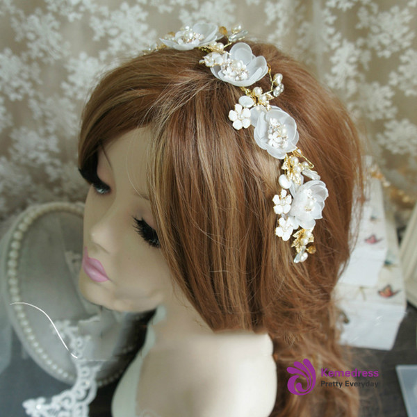 Handmade Flower Wedding Headpiece Bridal Golden Leaf Pearl Beautiful