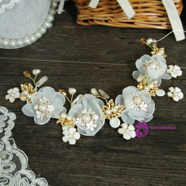 Handmade Flower Wedding Headpiece Bridal Golden Leaf Pearl Beautiful