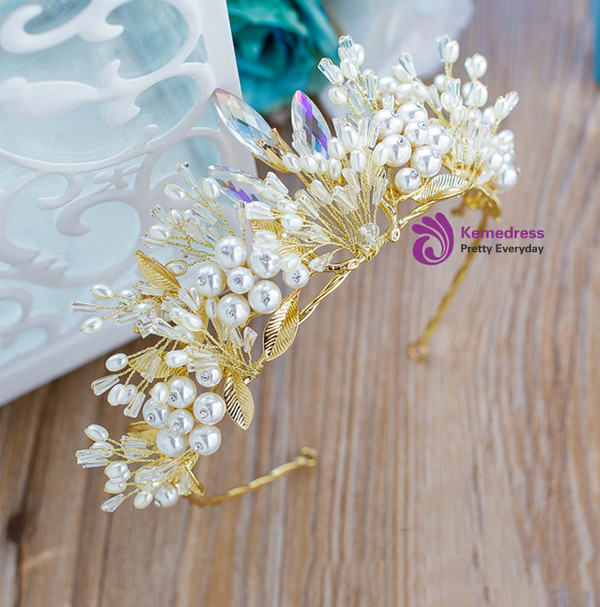 Pearl Crystal Hair Crown Golden Color Leaf Hairband Rhinestone Wedding hair Accessories