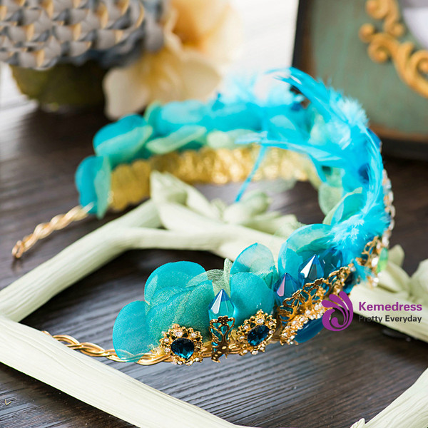 Blue Rhinestones Feather Wedding Hair Crown Bridal Girls Wedding Party