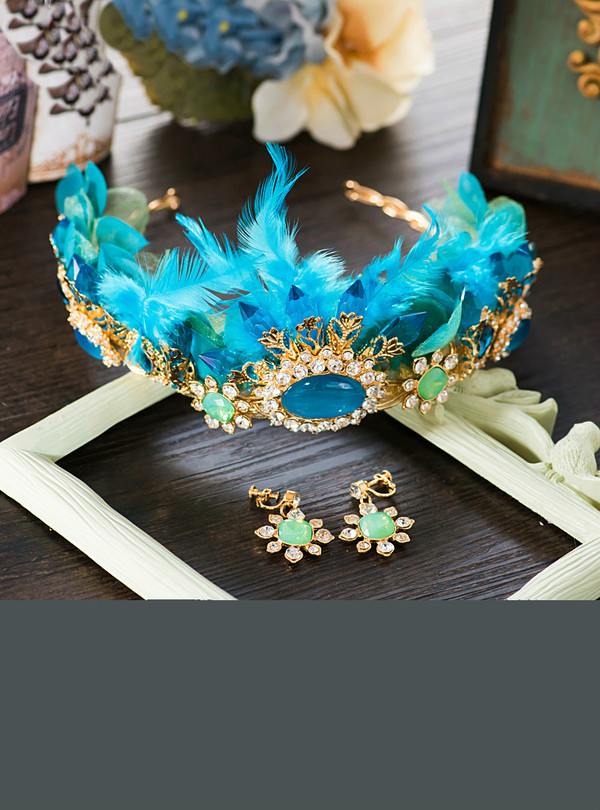 Blue Rhinestones Feather Wedding Hair Crown Bridal Girls Wedding Party