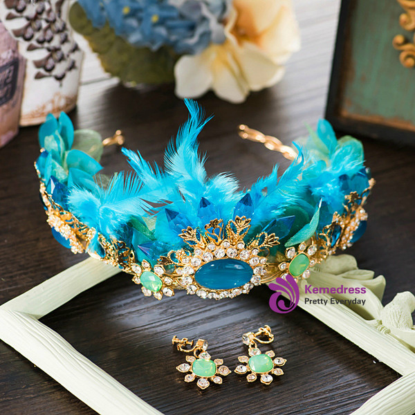 Blue Rhinestones Feather Wedding Hair Crown Bridal Girls Wedding Party