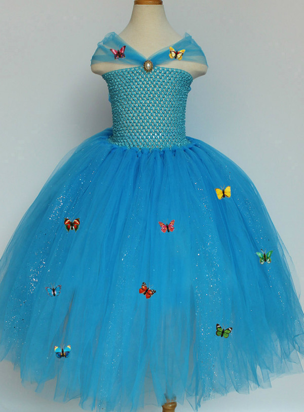 Blue Sequin Girl Cinderella Dress Tulle Butterfly Princess Christmas Halloween