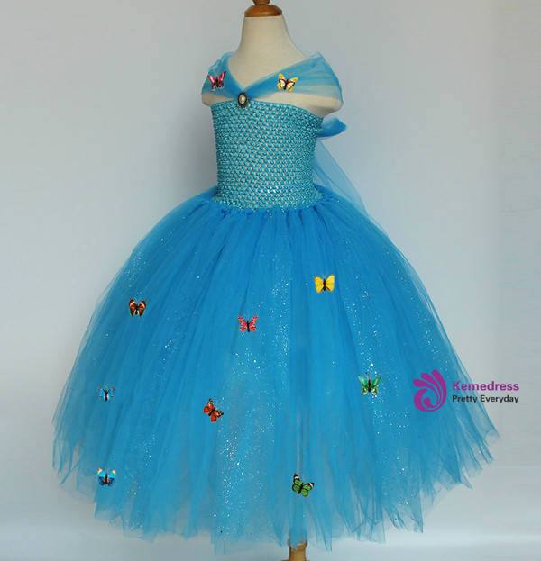 Blue Sequin Girl Cinderella Dress Tulle Butterfly Princess Christmas Halloween