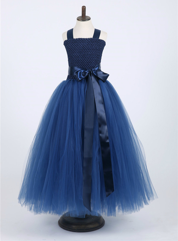 Lace Tulle Flower Girl Ball Gown Children Kids Elegant Pink Navy Blue Princess Wedding Party