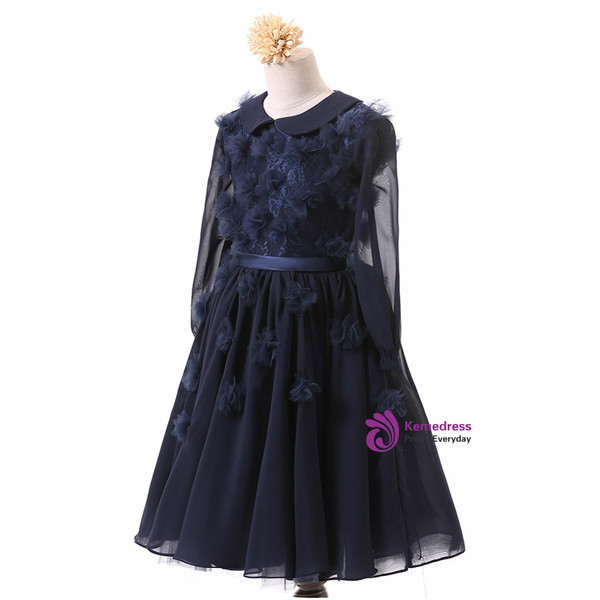 Long Sleeve Chiffon Flower Girl Dresses 2017 First Communion Birthday Dresses