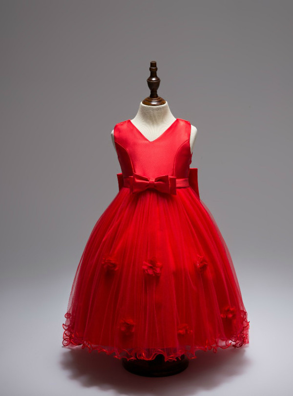 Appliques Princess Long Trailing Dress With Big Bow Ruffled Taffeta Girls V-Neck