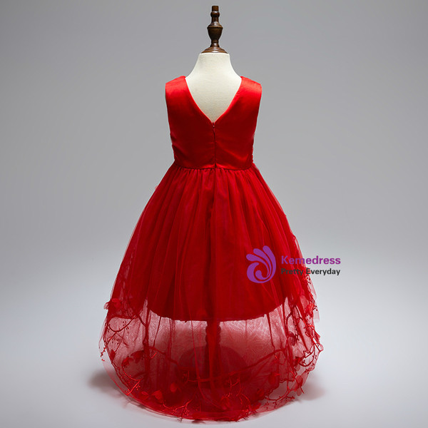 Elegant V-Neck Appliques Girls Summer Evening Party Trailing Dress Embroidery Flower Girls Dress